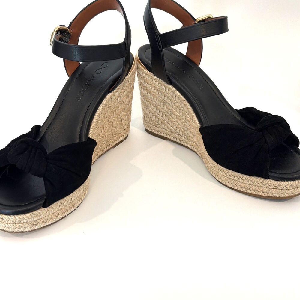 COACH Womens Sz 5 Espadrilles Katey Wedge Sandals Black Suede Peep Toe Resort - Picture 6 of 14